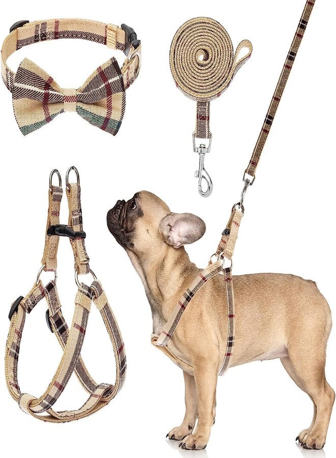 BINGPET Dog Harness with Leash and Bow Tie Collar Set - Beige Plaid Puppy Harness, Escape Proof Adjustable No Pull Dog Vest for Outdoor Walking, Fit for Small Medium Large Dogs XS - Image 1